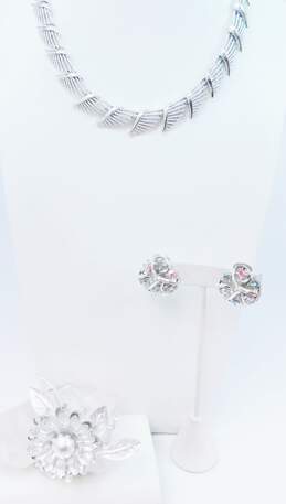 Vintage Coro Silver Tone Necklace Fashion Floral Brooch & Aurora Borealis Rhinestone Clip On Earrings 89.1g