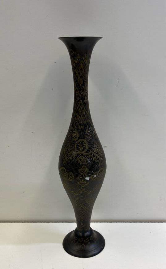 Brass on Black 15 inch Tall Etched Vase Marked India Vintage Vase image number 1
