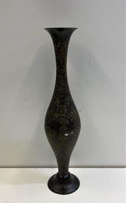 Brass on Black 15 inch Tall Etched Vase Marked India Vintage Vase