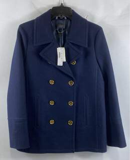 NWT J.Crew Womens Navy Blue Long Sleeve Collared Double Breasted Pea Coat Size 8