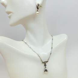 Judith Jack 925 Sterling Silver Faux Pearl Marcasite & CZ Pendant Necklace & Drop Faux Pearl Earrings 6.2g