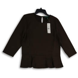 NWT Womens Brown Long Sleeve Round Neck Peplum Blouse Top Size X-Large