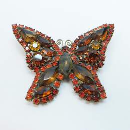 Vintage Weiss Gold Tone Orange Brown Glass Rhinestone Butterfly Brooch 20.2g