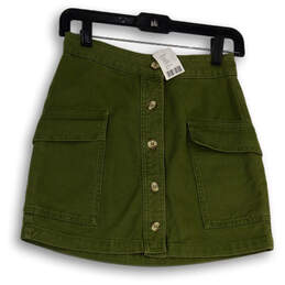 NWT Womens Green Denim Flap Pocket Button Front Mini Skirt Size XS