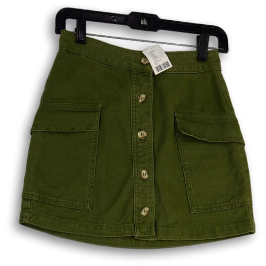 NWT Womens Green Denim Flap Pocket Button Front Mini Skirt Size XS image number 1