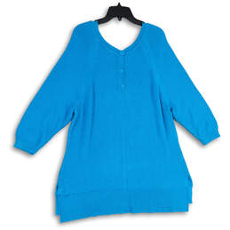 NWT Womens Blue 3/4 Sleeve Hi-Low Hem Knit Henley Sweater Size 18/20