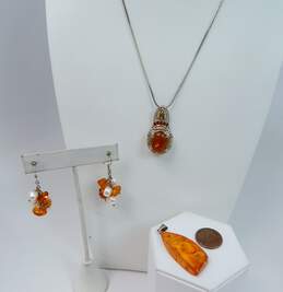 Artisan 925 Amber & Orange Glass Pendant Necklaces & Pearl Beads Drop Earrings alternative image