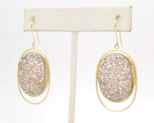 14K Gold Grey Druzy Textured Oval Drop Earrings 8.9g image number 3