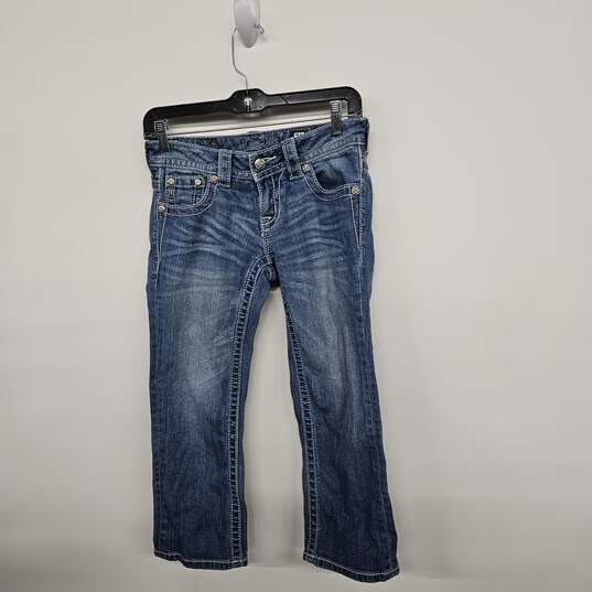 Blue Denim Embellished Cuffed Crop Jeans image number 1