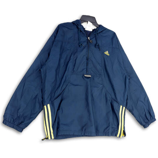 Mens Blue 1/2 Zip Long Sleeve Drawstring Hooded Windbreaker Jacket Size XL image number 1