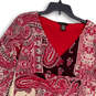 Womens Red White Paisley Long Sleeve Wrap V-Neck A-Line Dress Size Medium image number 3
