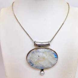 Artisan 925 Sterling Silver Moonstone & Pearl Pendant On Box Chain Necklace 42.2g alternative image
