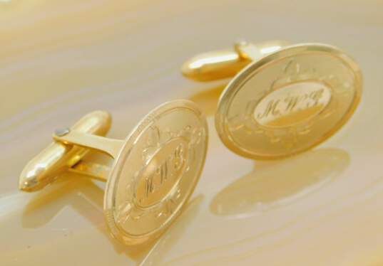 Vintage 10K Gold  Etched Initials Monogram & Floral Filigree Oval Cuff Links 6.2g image number 2