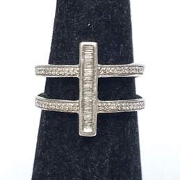 J.W.B.R. Sterling Silver Diamonds Round & Bagetite Double Band Cross Bar Sz 5 3/4 Ring 3.4g alternative image