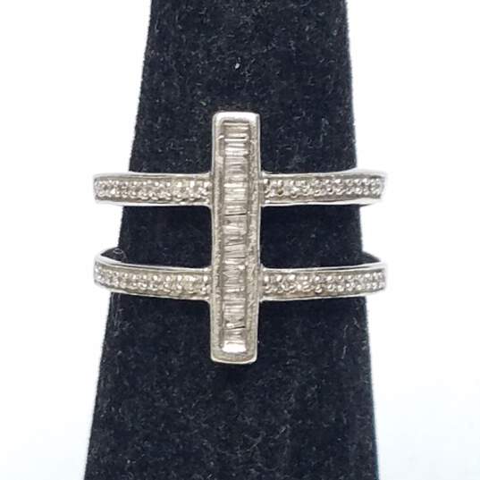 J.W.B.R. Sterling Silver Diamonds Round & Bagetite Double Band Cross Bar Sz 5 3/4 Ring 3.4g image number 2