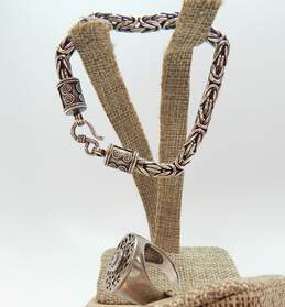 Artisan 925 Chunky Byzantine Chain Bracelet & Scrolled Blue Topaz Ring 40.4g