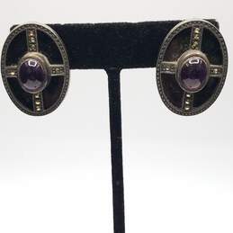 Judith Jack Sterling Silver Amethyst & Onyx Marcasite Vintage Clip Back Earrings 20g alternative image