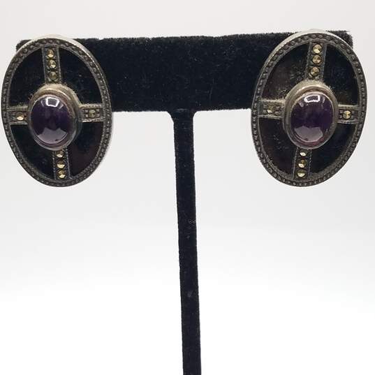 Judith Jack Sterling Silver Amethyst & Onyx Marcasite Vintage Clip Back Earrings 20g image number 2