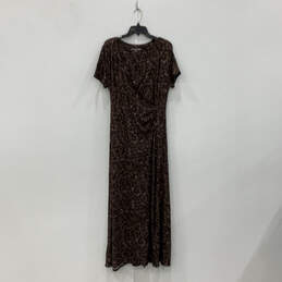 Womens Black Brown Animal Print Ruched Short Sleeve V-Neck Maxi Dress Sz L