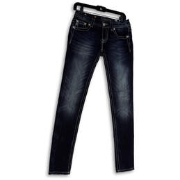 Mens Blue Denim Medium Wash Embroidered Pockets Stretch Skinny Jeans Sz 27