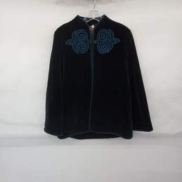 Joanie Char For I. Magnin Black Cotton W/ Teal Trim Evening Jacket WM Size 12