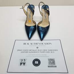 AUTHENTICATED Jimmy Choo Metallic Blue Croc Embossed Leather Slingback Pumps Size 38.5