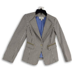 Womens Gray White Check Collared Long Sleeve One Button Blazer Size 00