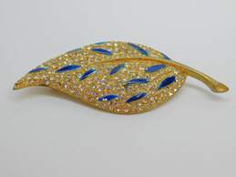 Vintage Marvella Gold Tone Blue Enamel & Clear Icy Rhinestone Leaf Brooch 26.8g