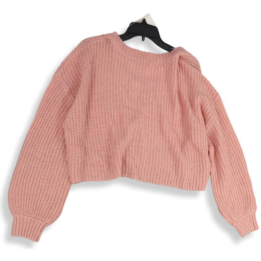 NWT Womens Pink Knitted Long Sleeve V-Neck Cropped Pullover Sweater Size L image number 2