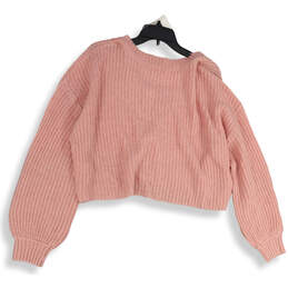 NWT Womens Pink Knitted Long Sleeve V-Neck Cropped Pullover Sweater Size L alternative image