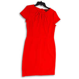 Womens Red Pleated Short Sleeve Keyhole Neck Back Zip Sheath Dress Size 10