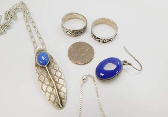 Artisan 925 Chalcedony Snake Skin Stamped Pendant Cable & Station Chain Necklaces Lapis Lazuli Drop Earrings & Floral & Patterned Band Rings 31.8g image number 5