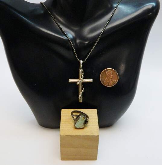 Signed N & Artisan 925 Southwestern Turquoise Granulated Ring & Vine Wrapped Cross Pendant Necklace 14g image number 4