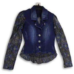 Womens Blue Denim Floral Long Sleeve Button Front Jacket Size 6