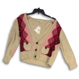 NWT Womens Beige Argyle Long Sleeve Button Front Cardigan Sweater Size L