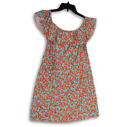 Womens Orange Blue Printed Square Neck Ruffle Short A-Line Dress Size XS