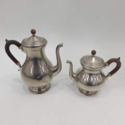 MCM Mid Century Royal Holland Pewter Wood Handle Teapot Coffee Pot Creamer Sugar alternative image
