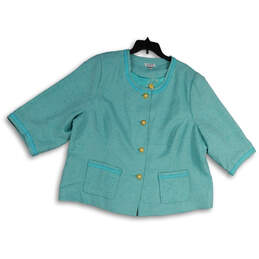 Womens Blue 3/4 Sleeve Front Pocket Regular Fit Jacket Button Front Jacket Size 28W