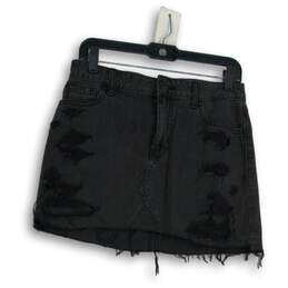 Womens Black Dark Wash Distressed Raw Hem Short Denim A-Line Skirt Size W27