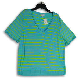 NWT Womens Green Blue Striped V-Neck Short Sleeve Knit T-Shirt Size XXL