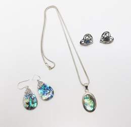 Artisan 925 Abalone Pendant Necklace & Scrolled Earrings 21.6g
