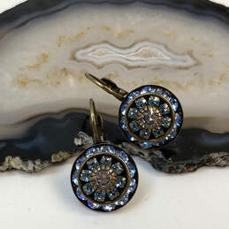 Designer Liz Palacios Gold-Tone Blue Rhinestones Lever Back Drop Earrings