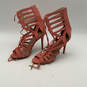 Womens Pink Leather Peep Toe Lace Up Zip Stiletto Gladiator Heels Size 10 image number 4