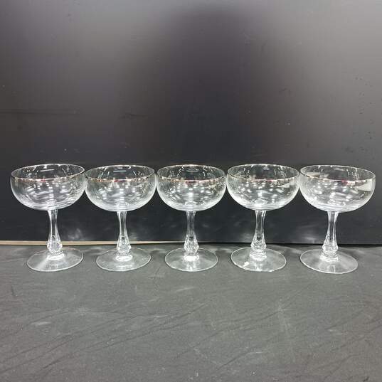 Five Silver Rimmed Clear Crystal Champagne Saucers image number 1