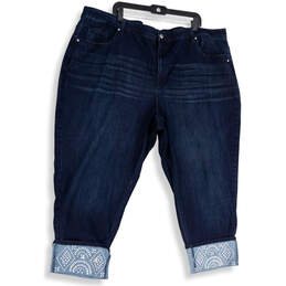 Womens Blue Denim Dark Wash Pockets Shimmer Cuff Cropped Jeans Size 28W