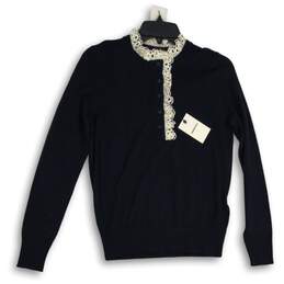 NWT Sandro Paris Womens Dark Blue White Lace Trim Henley Sweater Size M