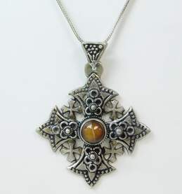 Artisan Jerusalem 925 & 900 Silver Brown Glass Granulated Cross Pendant Foxtail Chain Necklace 13.1g alternative image