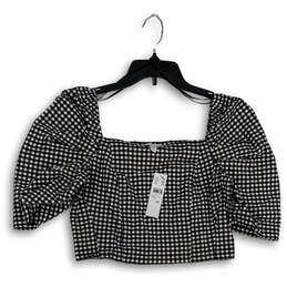NWT Womens Black Check Square Neck Bengaline Cropped Blouse Top Size 10
