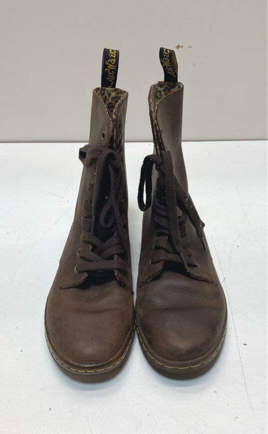 Dr. Martens Stratford Brown Leather Leopard Lining Combat Boots Women's Size 6 image number 2