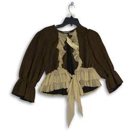 NWT Gimmicks Womens Brown Gold Bell Sleeve Ruffled Tie Waist Blouse Top Size XS